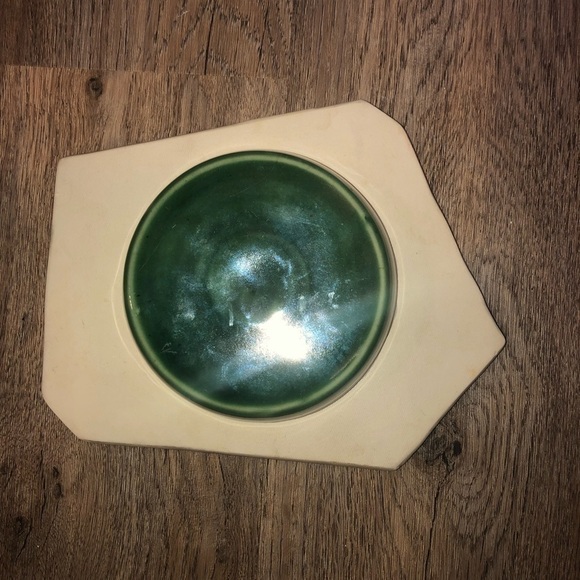 VTG Greek Key Ceramic Glazed Green Abstract Plate Flower Frog 8” x 6.5” - Picture 4 of 8
